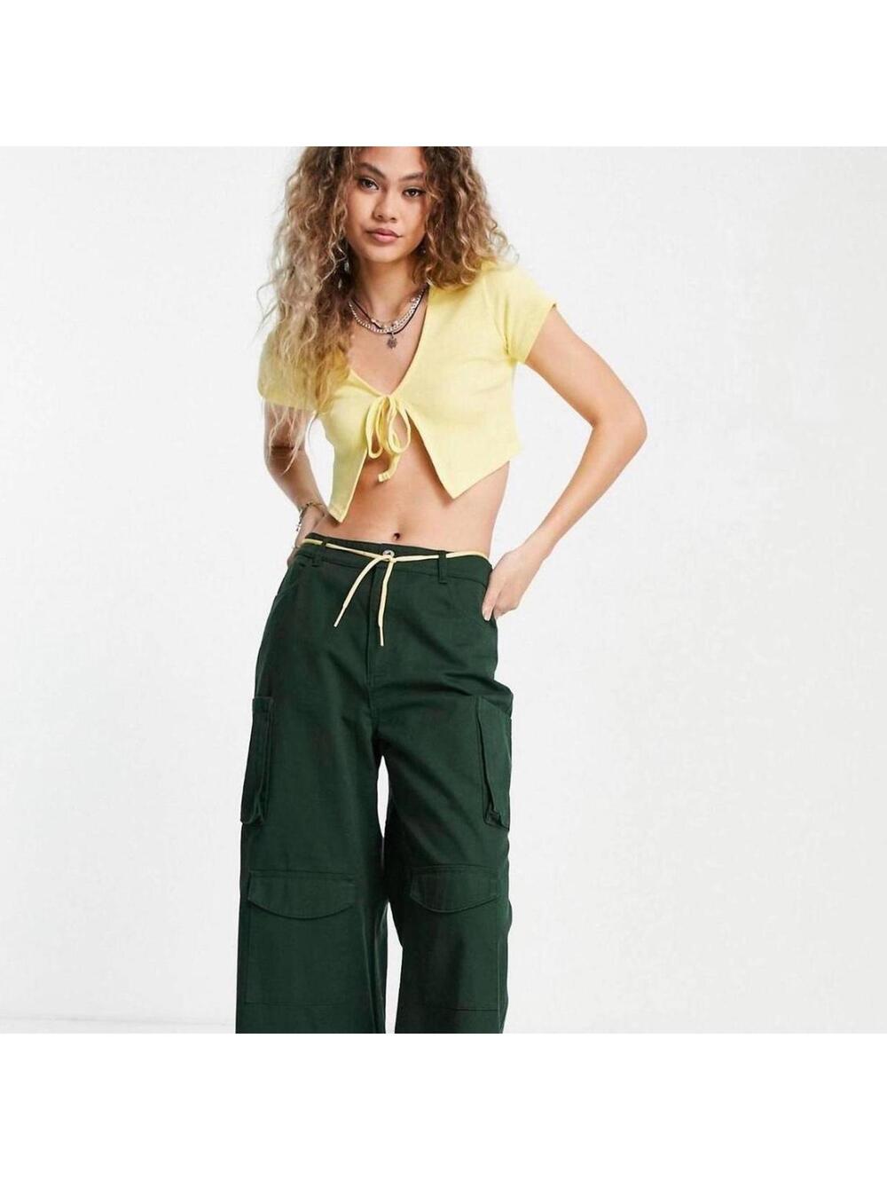 Daisy Street Yellow Ribbed Tie-Front Crop Top Y2K Softgirl